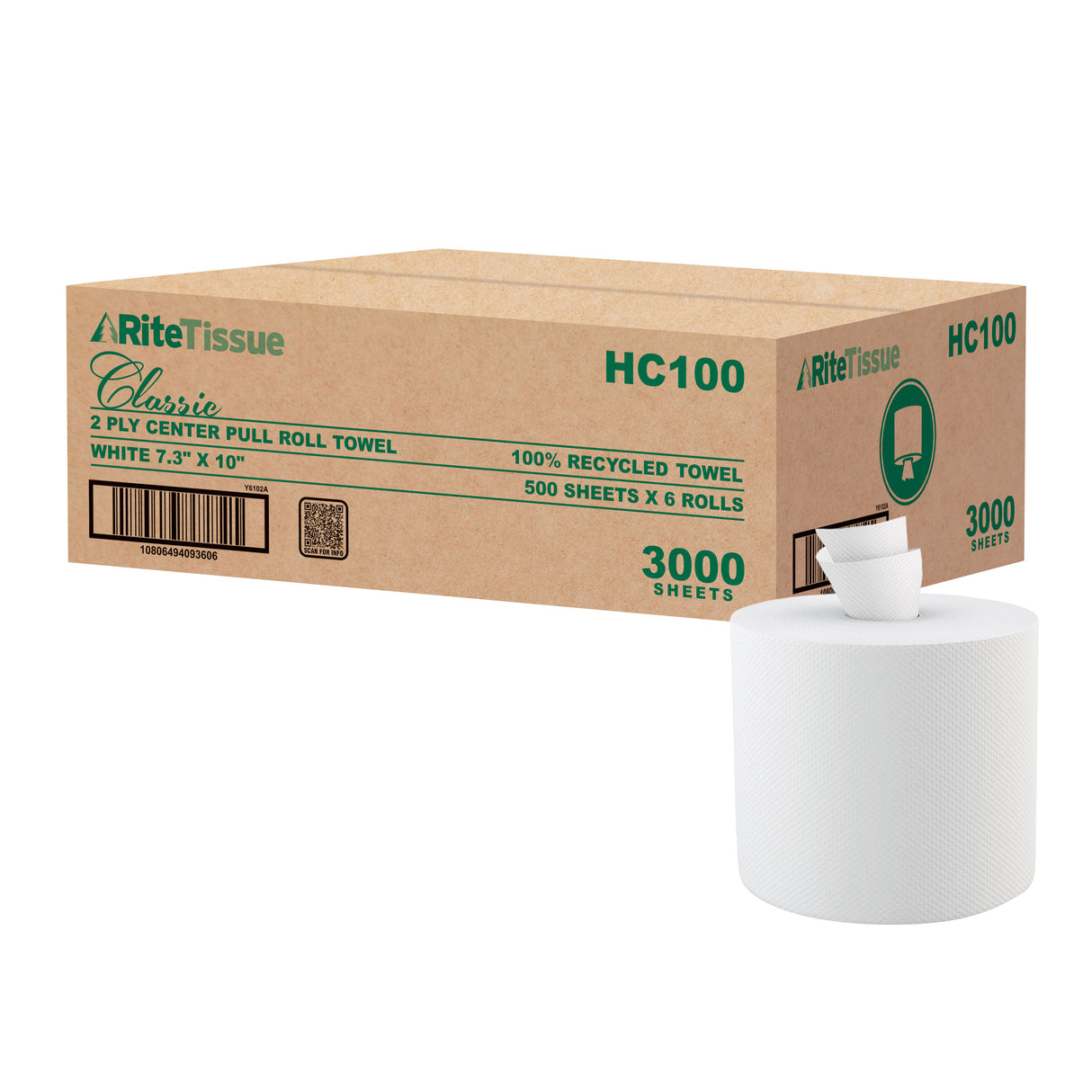 RiteTissue - 7.3” x 10” 2-ply White Centrepull Towel, 500sh/rl, 6rl/cs, 65cs/sk - HC100