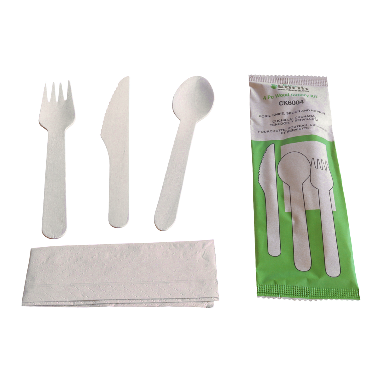 RiteEarth - Wooden Cutlery 4/1 Kit (Knife + Fork + Spoon + Napkin), Pack of 250 - CK6004
