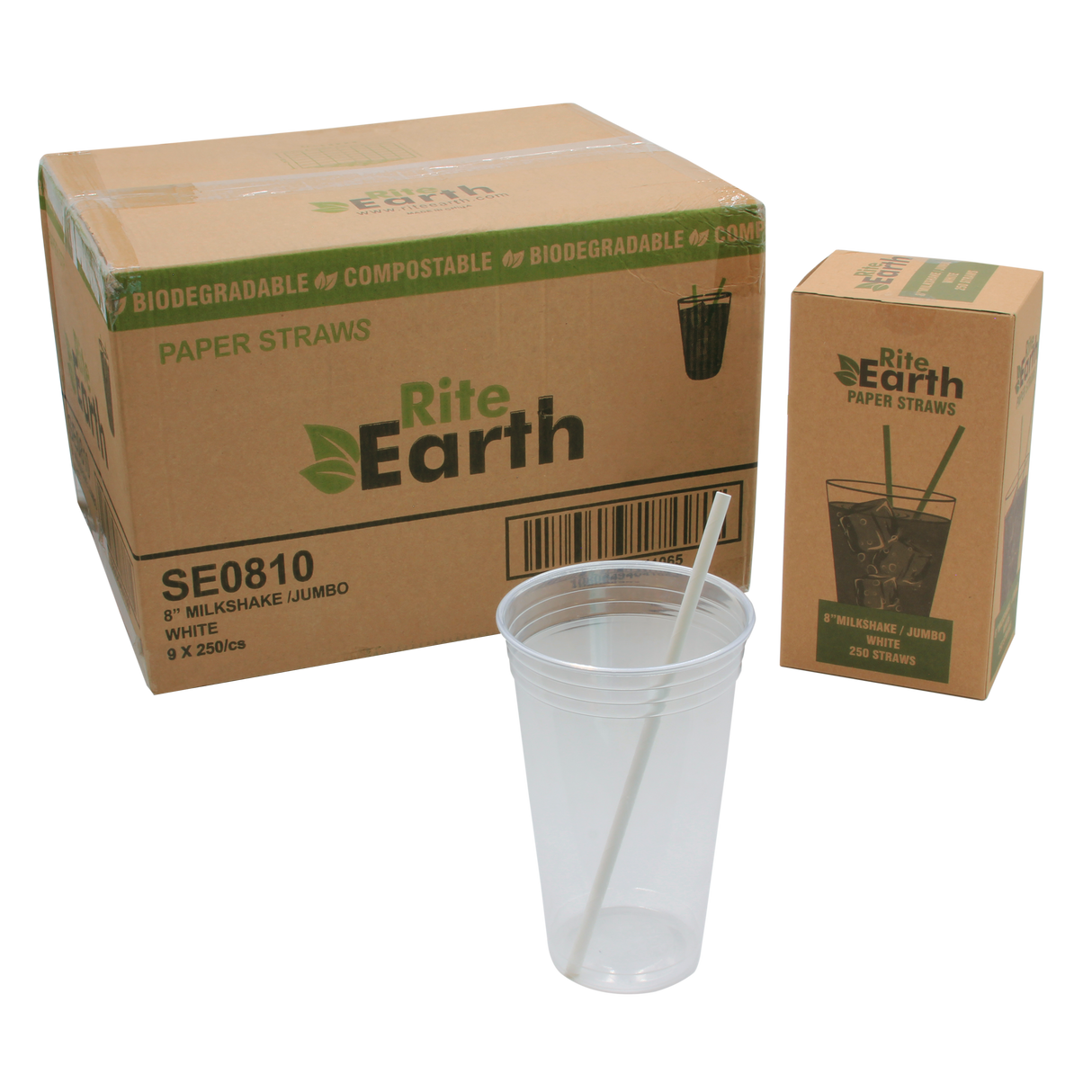RiteEarth - 8" White Paper Jumbo Milkshake Straws, Pack of 250, 9bx/cs - SE0810