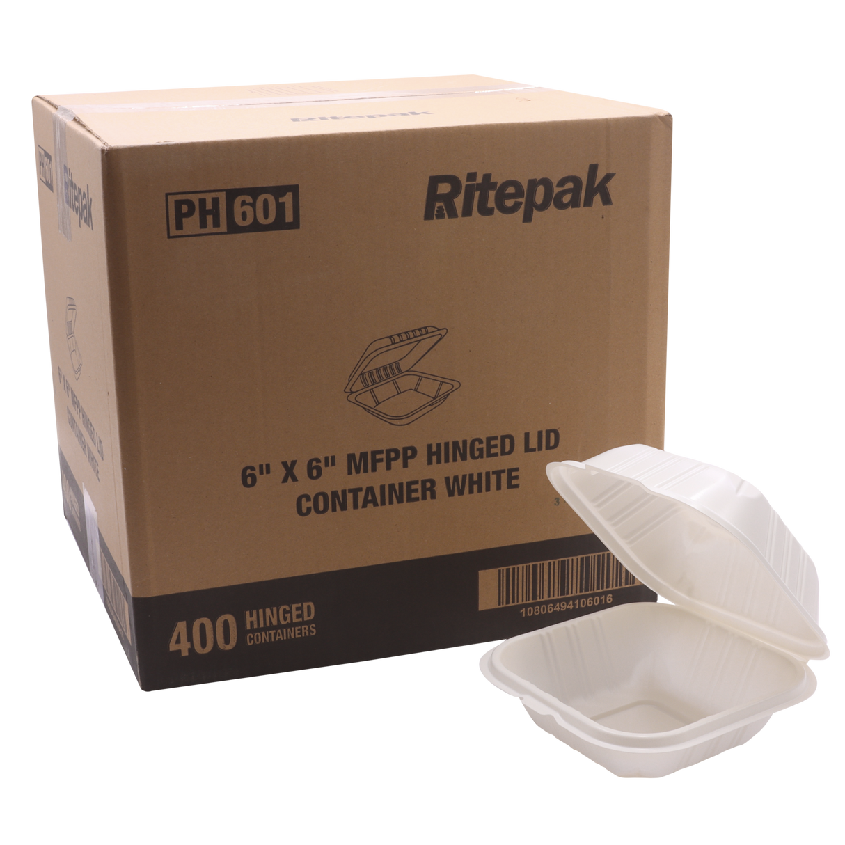 RitePak - 6" X 6" MFPP White Hinged Microwavable Container, 400/Cs - PH601