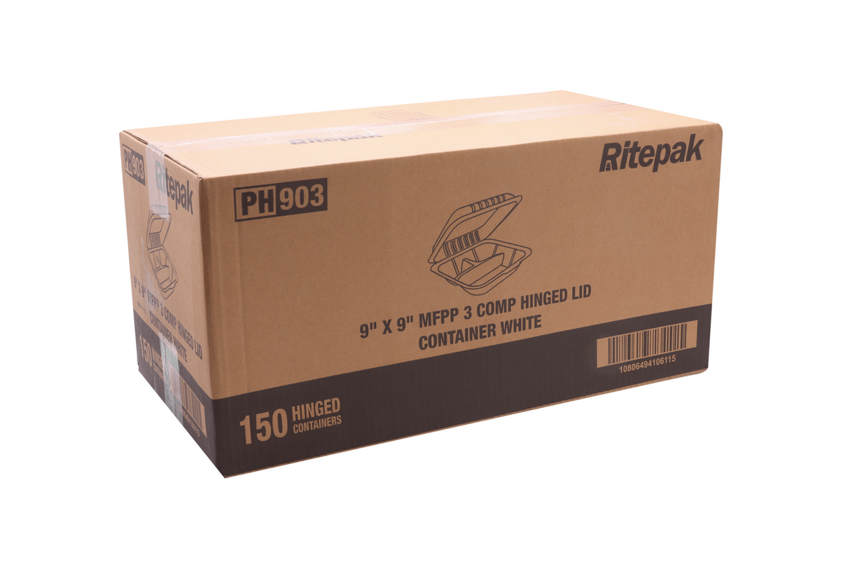 RitePak - Contenant blanc à charnière pour micro-ondes MFPP 9" x 9" à 3 compartiments, 150 unités - PH903