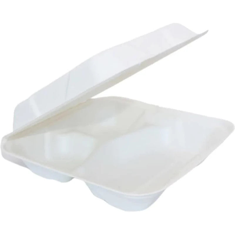 RiteEarth 8 inch three compartment compostable bagasse hinged container