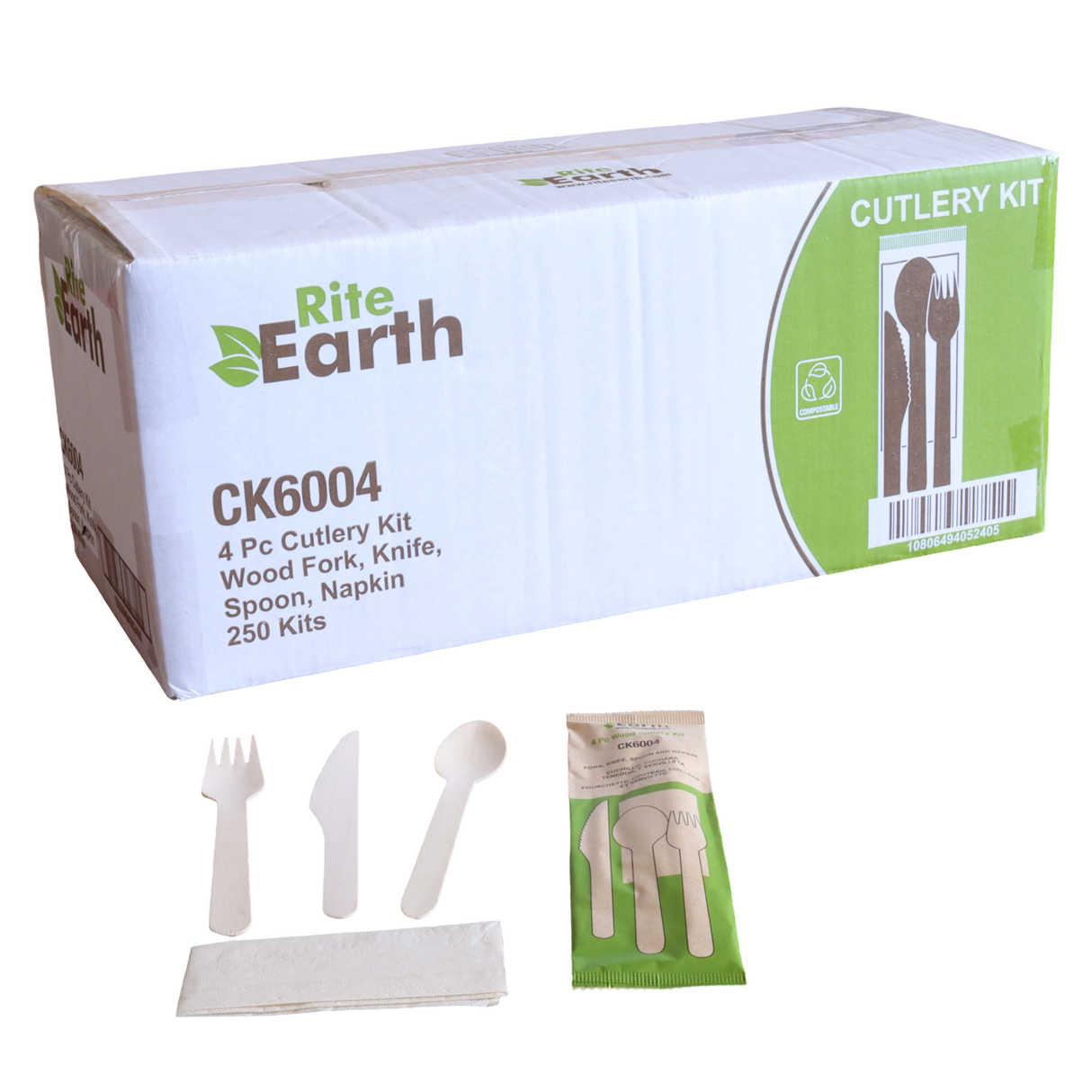 RiteEarth - Wooden Cutlery 4/1 Kit (Knife + Fork + Spoon + Napkin), Pack of 250 - CK6004