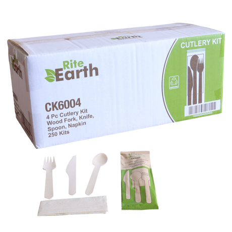 RiteEarth - Wooden Cutlery 4/1 Kit (Knife + Fork + Spoon + Napkin), Pack of 250 - CK6004