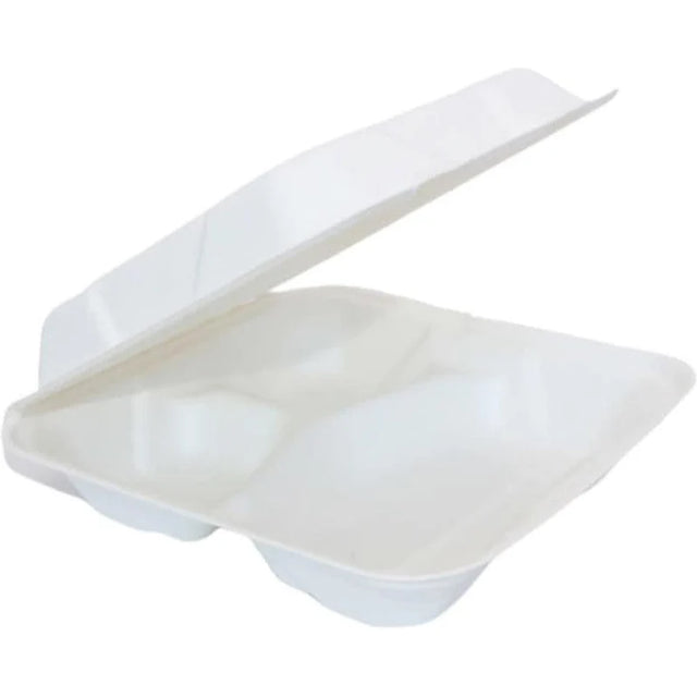 RiteEarth 8 inch three compartment compostable bagasse hinged container